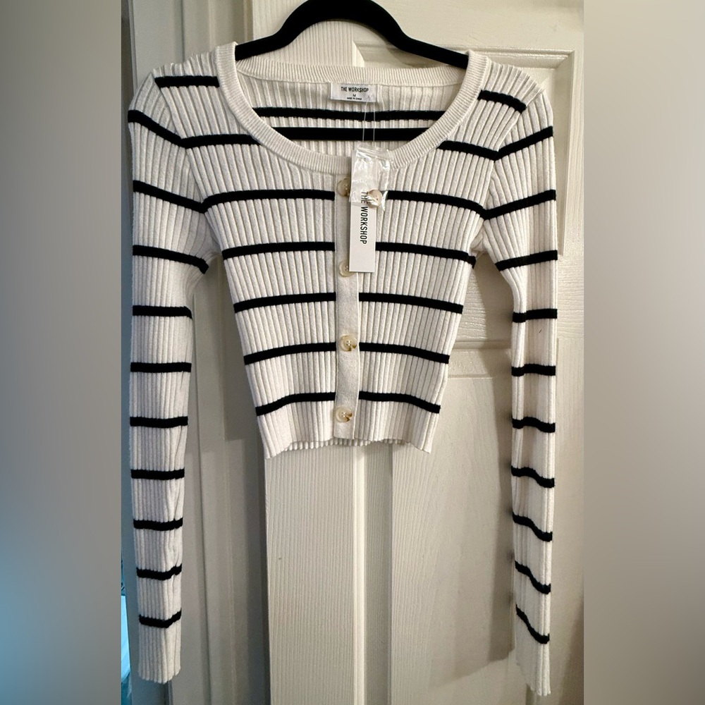 The Workshop Ribbed Striped Faux Button Cardigan, Cream and Black, Size M, NWT